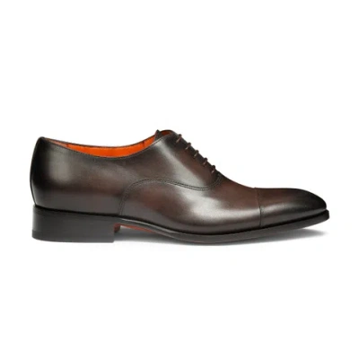 Santoni Men's Polished Brown Leather Oxford Shoe Dark Brown