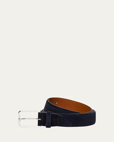 Santoni Men's Rectangle-buckle Hand-burnished Suede Belt In Blue