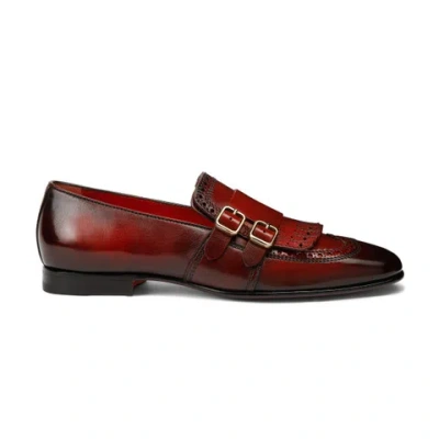 Santoni Men's Red Leather Double-buckle Loafer With Fringe