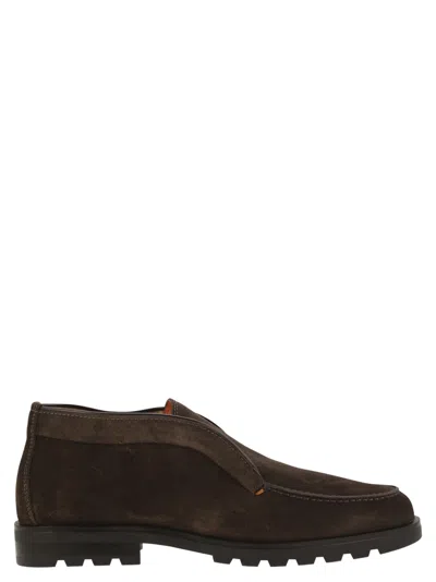 Santoni Men Suede Ankle Boot Without Laces In Brown