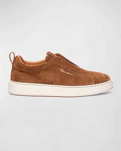Santoni Suede Slip-on Clean Icon Sneakers In Dark Brown