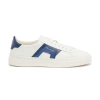 SANTONI MEN'S WHITE AND BLUE LEATHER DOUBLE BUCKLE SNEAKER