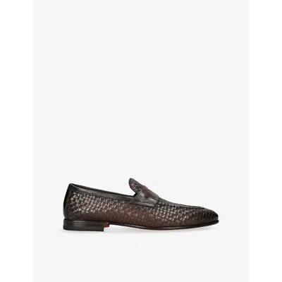Santoni Mens Dark Brown Carlos Weave Leather Penny Loafers