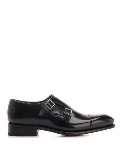 Santoni Mens Double Buckle In Black Antiqued Leather