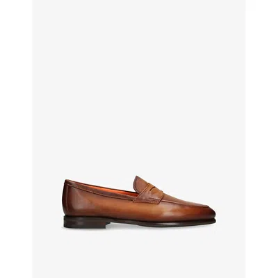 Santoni Mens Mid Brown Carlo Leather Penny Loafers Eur 42 / 8 Uk