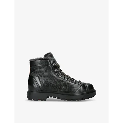 SANTONI MENS BLACK ST. MORITZ SHEARLING-LINED LEATHER BOOTS EUR 42 / 8 UK