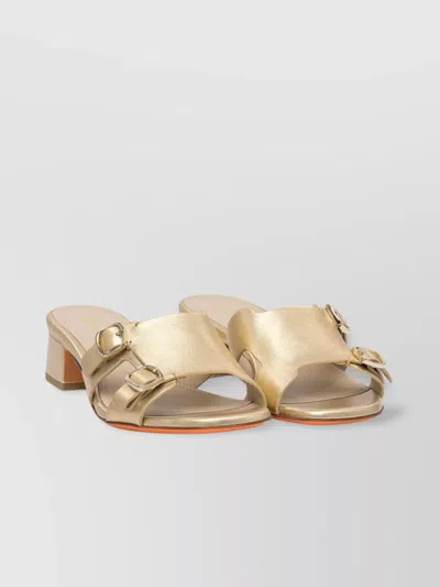 Santoni Metallic Block Heel Sandals With Buckle Detail In Gold