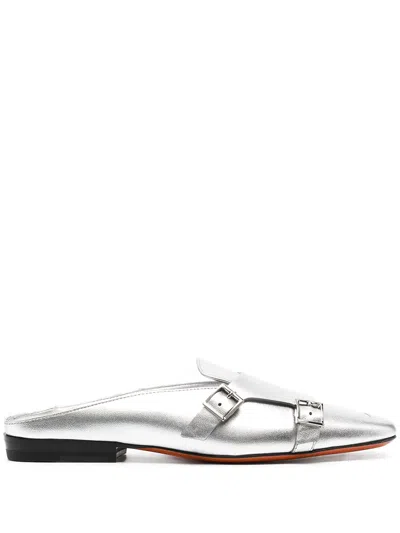 Santoni Metallic Leather Mules In Silver