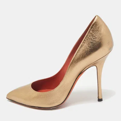 Santoni Metallic Leather Pointed Toe Pumps In Gold