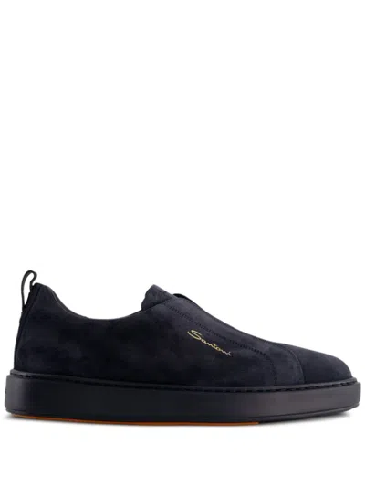Santoni Midnight Blue Calf Suede Slip-on Sneakers In Black