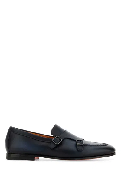Santoni Midnight Blue Leather Dong Monk Strap Shoes