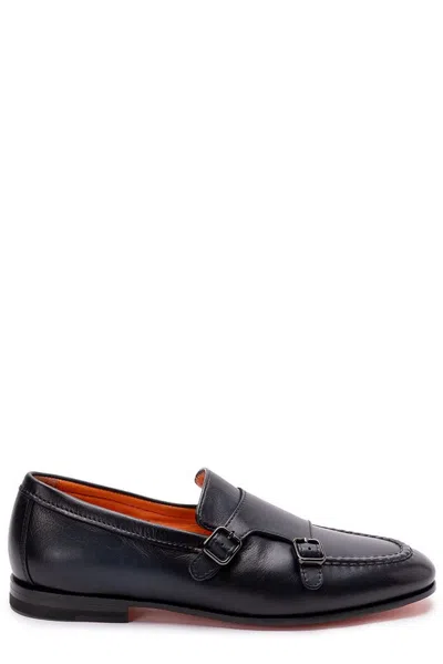Santoni Midnight Blue Leather Dong Monk Strap Shoes In Black