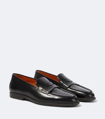 Santoni Milo Leather Penny Loafers In Black