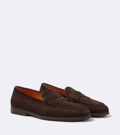 Santoni Milo Suede Penny Loafers In Brown