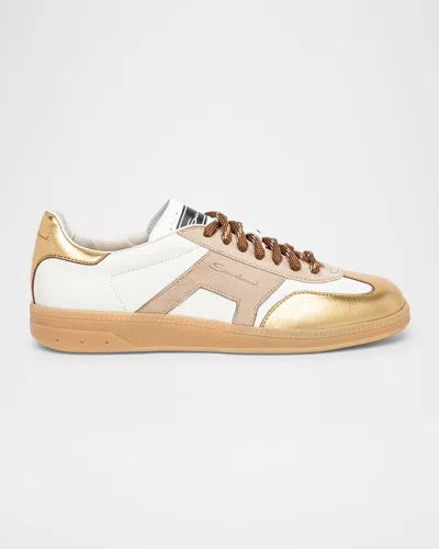 Santoni Mixed Leather Low-top Sneakers In Gold