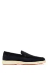 Santoni Suede Moccasins With Wide Sole And Signature Detailing In Black