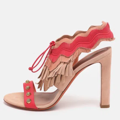 Santoni Multicolor Suede Fringe Lace Up Ankle Wrap Sandals In Red