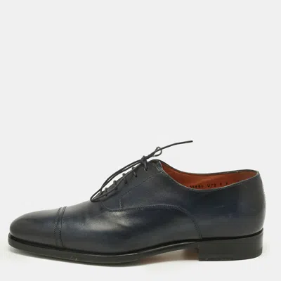 Pre-owned Santoni Navy Blue Leather Goodyear Oxfords Size 41