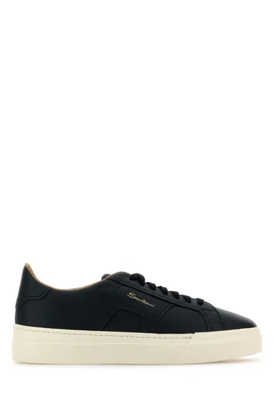 Santoni Navy Blue Leather Sneakers In Black