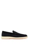 Santoni Suede Moccasins With Wide Sole And Signature Detailing In Black