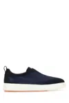 Santoni Navy Blue Suede Victory Slip Ons In Blue
