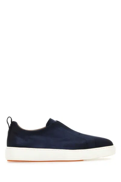 Santoni Navy Blue Suede Victory Slip Ons