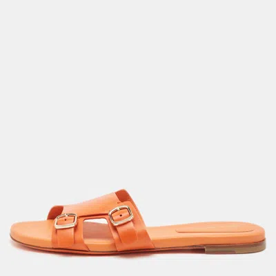 Pre-owned Santoni Orange Leather Foresaw Flat Slides Size 38