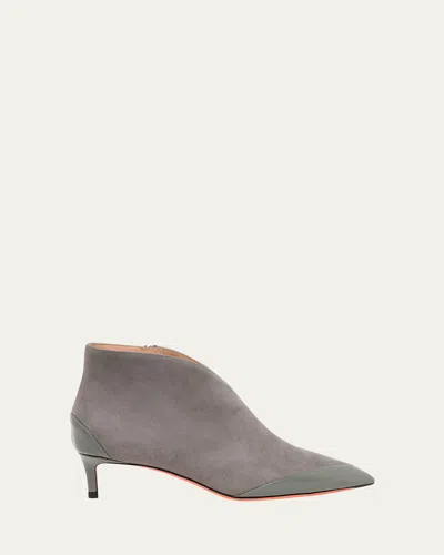 Santoni Patent And Suede Kitten Heel Booties In Silver