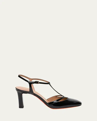 Santoni Patent Leather T-strap Pumps In Black