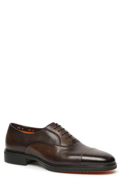 Santoni Pebbled Leather Cap Toe Oxford In Brown