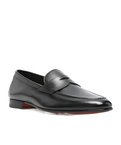 Santoni Penny Leather Loafers In Black