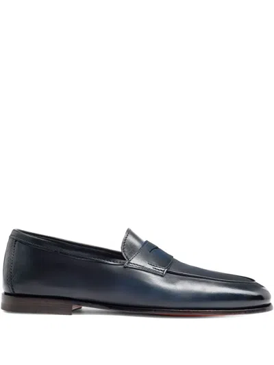 Santoni Penny Leather Loafers In Blue