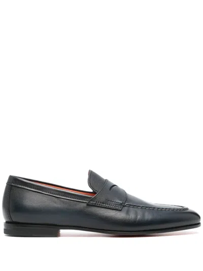 Santoni Leather Penny Loafers In Blue