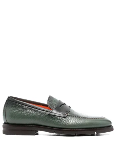 Santoni Penny-slot Leather Loafers In Grün