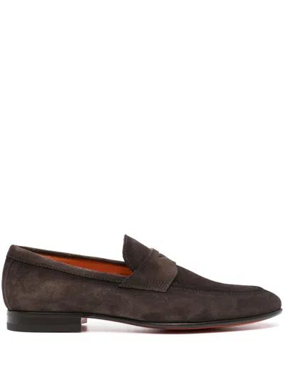 Santoni Penny-slot Suede Loafers In Brown
