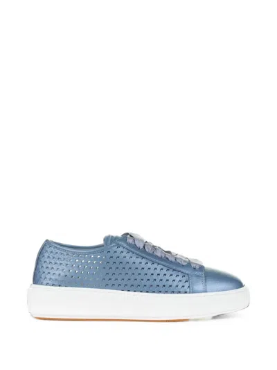 Santoni Light Blue Sneaker In Laminated Perforated Leather In Black