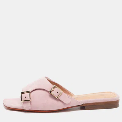 Santoni Pink Suede Double Buckle Flat Sandals