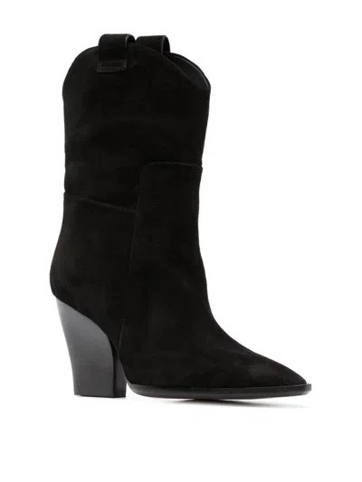 SANTONI POINTED TOE BLACK SUEDE ANKLE BOOTS WITH CURVED BLOCK HEEL