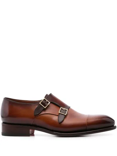 Santoni Polished Leather Monk Shoes In Brown