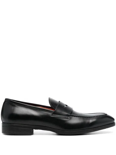 Santoni Polished Leather Penny Loafers In Black