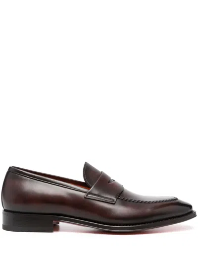 Santoni Polished Penny Loafers In Braun