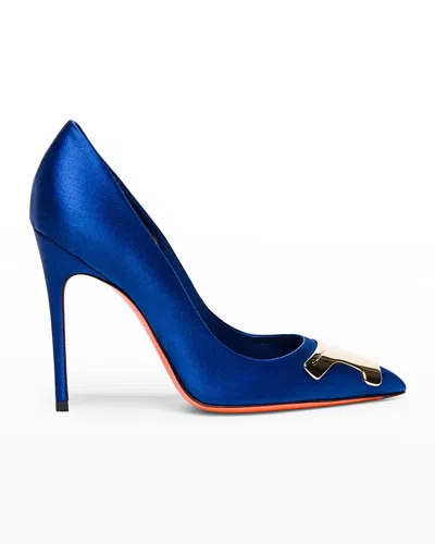 Santoni Puff Satin Plaque Pumps In Blue