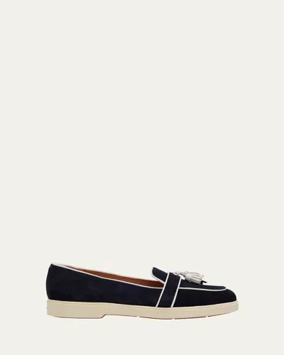 Santoni Riviera Suede Bicolor Tassel Loafers In Blue