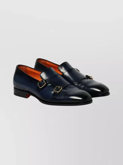 Santoni Round Toe Leather Double Monk Strap Loafers In Blue