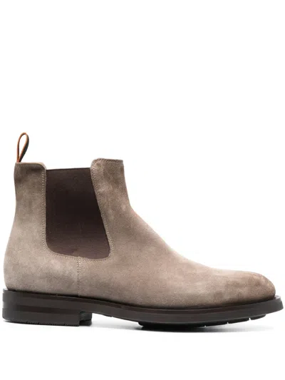 Santoni Round-toe Suede Ankle Boots In Brown
