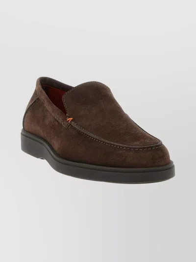 Santoni Round Toe Suede Loafers With Rubber Sole In Brown