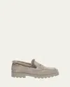 Santoni Shearling And Suede Penny Loafers In Gray
