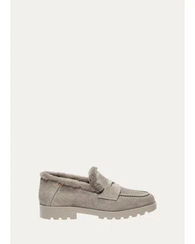Santoni Shearling-lined Suede Penny Loafers In Gray