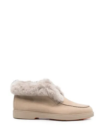 Santoni Shearling-trim Leather Loafers In Neutral