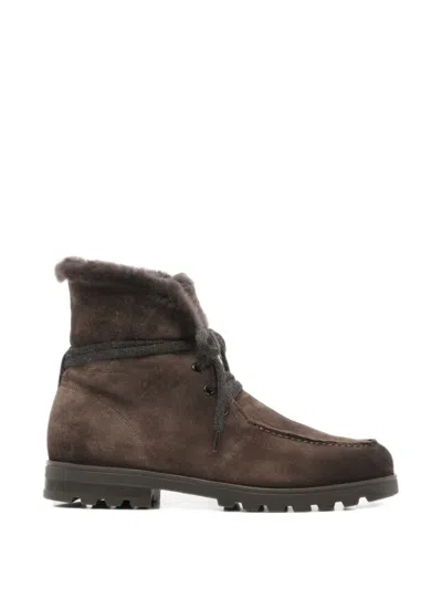 Santoni Shearling-trim Suede Ankle Boots In Brown